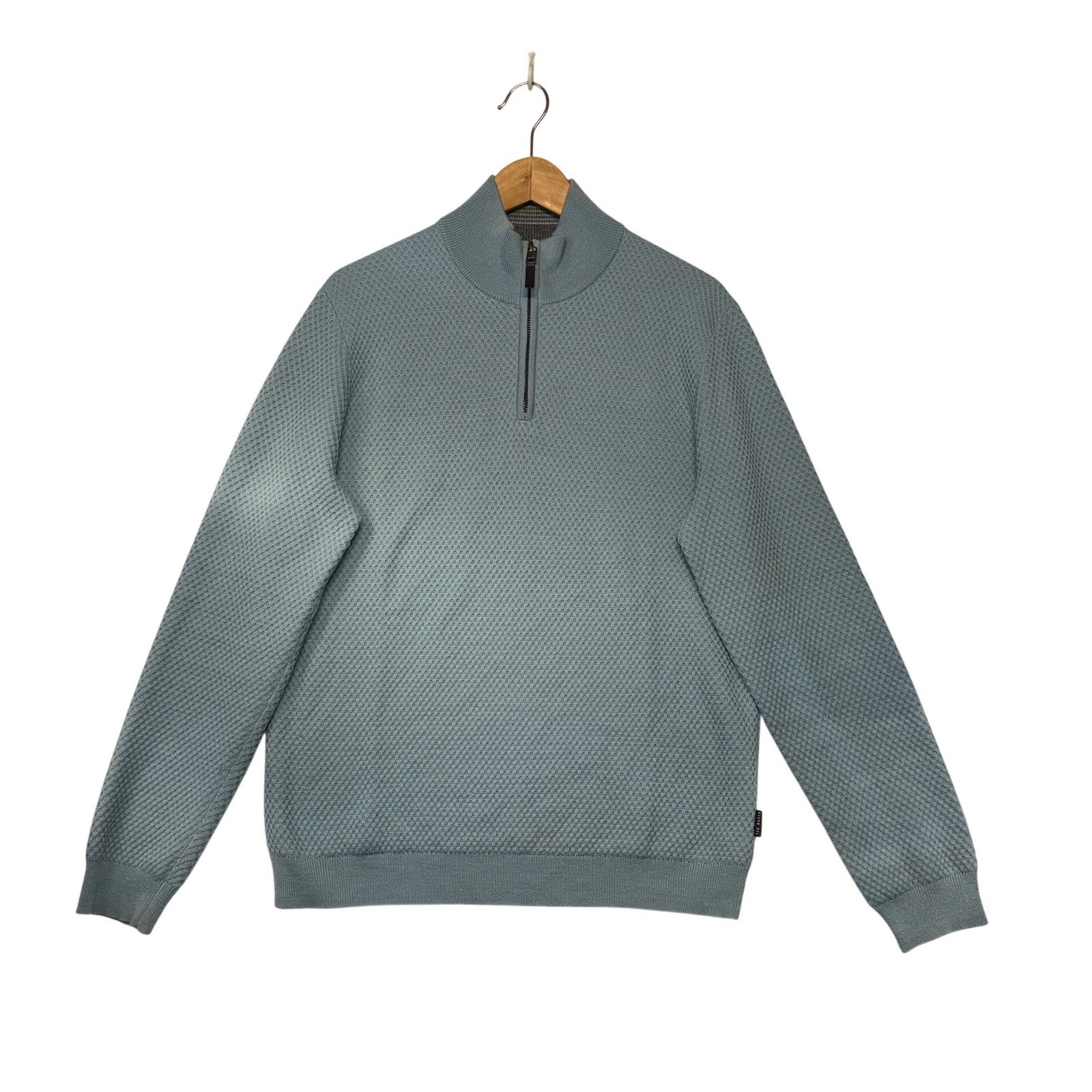 Ted Baker London Mens Size L Quarter Zip Sweater Light Blue Textured Waffle Knit
